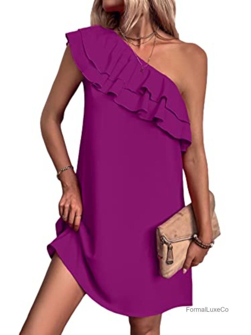 Floerns One Shoulder Ruffle Trim Tiered Tunic Dress